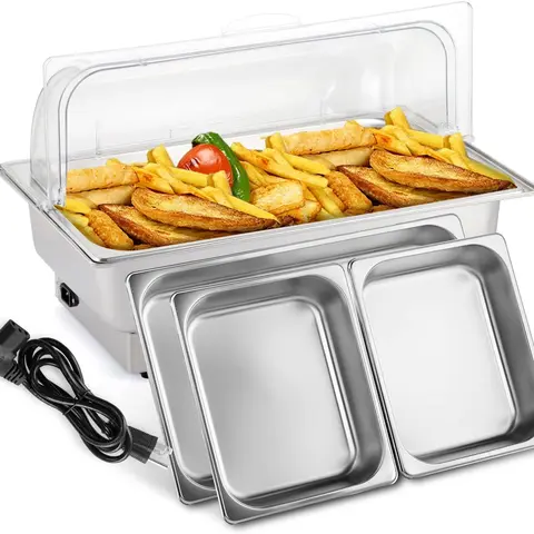 ROVSUN 9 QT NSF Food-Grade Steel Electric Chafing Dish Buffet Set for Banquet & Food Service, 20.9"x12.8"x2.5", 2 Detachable Pans, Current Temp Display, Anti-Slip Foot, Roll Top Transparent PC Lids, Power Cord Kitchen Supplies