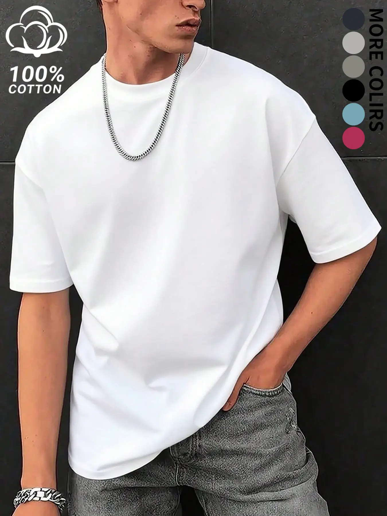 Soft pure cotton crew neck short sleeve tee with relaxed dropped shoulder silhouette, lightweight breathable plain fabric loose oversized cut timeless basic top essential for versatile daily street mensfashion outfits