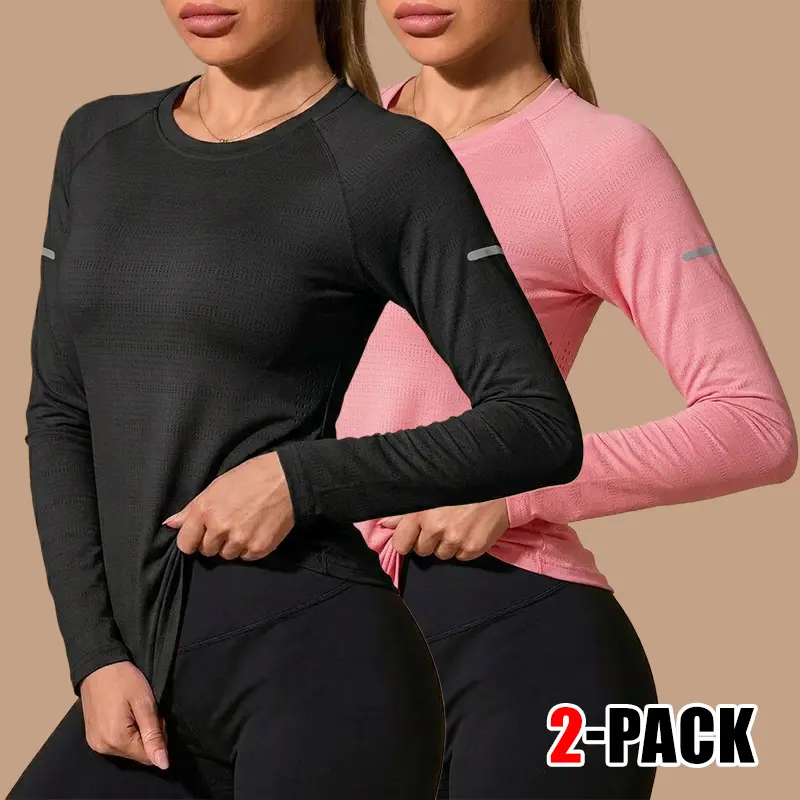 Women's 2-Pack Classic Crew Ice Silk Athletic Full-Length Sleeve Sports Tees - Round Neck, Comfortable, Breathable, Lightweight Long Sleeve Tops Women - Ideal for Outdoor Running, Yoga Casual Athletic