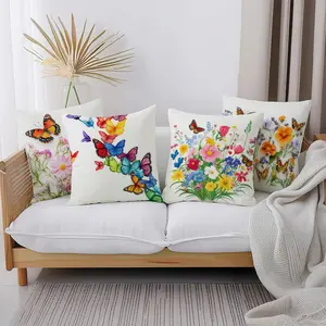 Butterfly & Flower Pattern Cushion Cover, 4 Counts/set Square Throw Pillow Cover without Filler, Household Decoration Supplies for Home Living Room Bedroom Sofa Couch