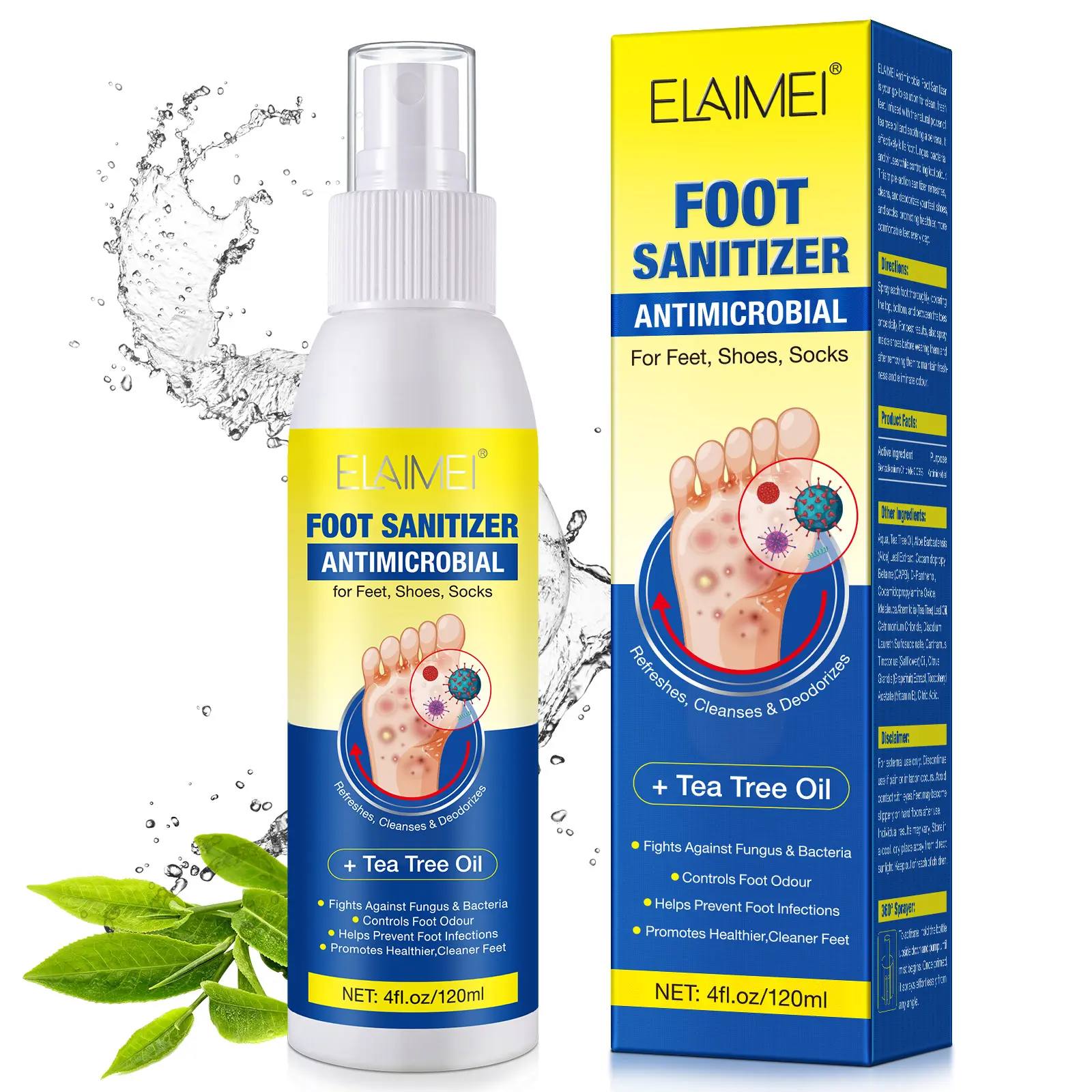 Elaimei Tea Tree Oil Foot Disinfectant Spray 120ML, Effective Antifungal Treatment, Moisturizing & Soothing Formula, Foot Sanitizer Spray, Ideal for Daily Use