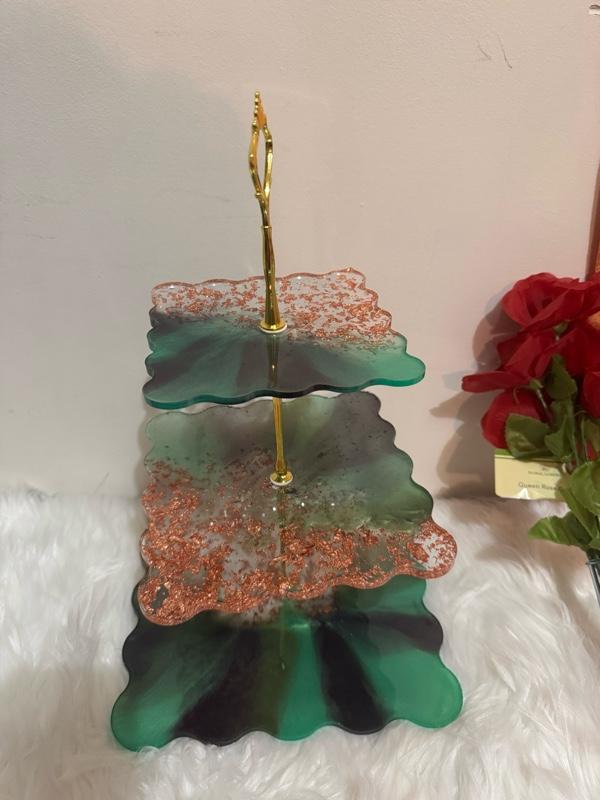 3-Tier Square Fruit Plate with Shelf Set - Green and Orange Design, Elegant Floral Accents, Versatile Home Decor Accessory