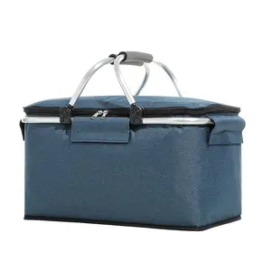 Large Picnic Basket, Insulated Beach Cooler Bag, Reusable Zipper Top and Handle, Foldable Shopping Basket, Ideal for Picnics and Travel, Collapsible Cooler
