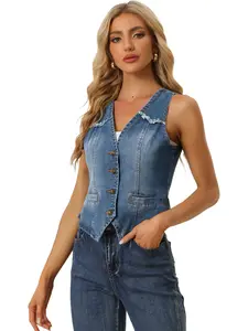 INSPIRE CHIC Sleeveless V Neck Washed Distressed Jean Jacket Denim Vest