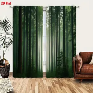 2D Flat  Hot Forest Misty Cathedral-Like Trees Curtain 2-Piece Set, Light Filtering Sheer & Darkening Drapes, Soft Ethereal Glow Home Decor for Bedroom Living Room, Lush Green Foliage Aesthetic, Home Decoration Curtain