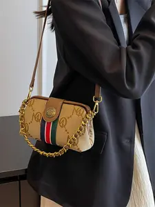 Women's Summer Casual Crossbody Bag, Adjustable Strap, Buckle Closure, Striped, Hardware, Polyester Lining