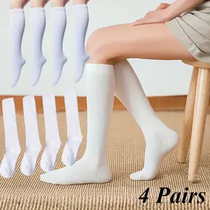 4 Pairs Solid Color Knee-high Socks, Fashionable Long Calf Socks, Women's Sports Thin Cotton Socks, Long Knee-high Socks, Soft and Comfortable, White Breathable Cotton Socks, Suitable for Daily Wear, Commuting and Sports Fit Womenswear