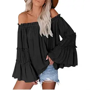 Women’s autumn floral casual loose-fit top with a single collar, flared sleeves, a mushroom/puff detail, and long, wide-swinging sleeves