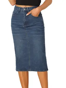 INSPIRE CHIC High Waist Split Back Pockets Casual Basic Denim Midi Jean Skirt Blue