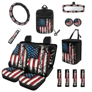 USA 250th Anniversary  Car Seat Covers Set, American Flag 15 PCS Cow Print Auto Accessories with Steering Wheel Cover, Seat Belt Pads, Cup Coasters, Trash Bag, Air Vent Storage Bag, Rearview Mirror Cover & Keychain for Vehicle