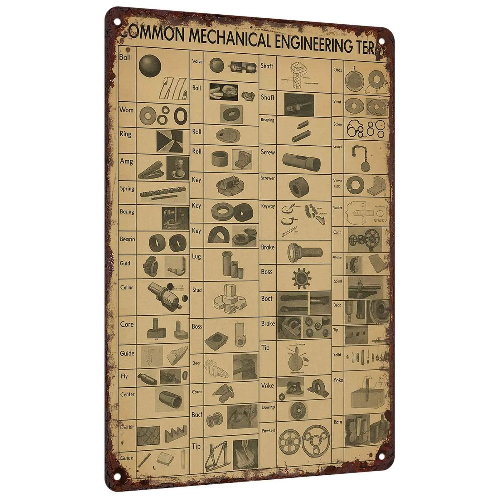 Vintage Common Mechanical Engineering Terms Metal Tin Sign 8x12 Inch Retro Industrial Wall Decor for Garage Workshop Man Cave Gift for Mechanics Engineering Enthusiasts