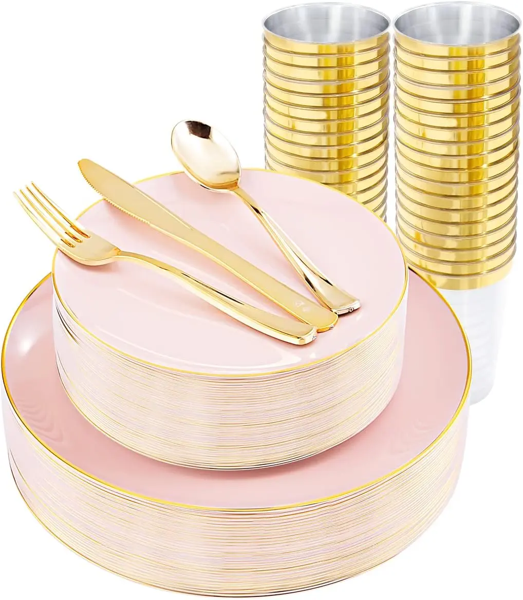 180 Pcs Pink Plastic Plates - Disposable Dinnerware Set, Pink Dinner Plate Dessert Plate,Gold Plastic Silverware Cups for Weddings,Birthday Party 30 Guests