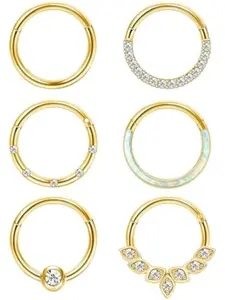 6Pcs 16G 18G Septum Rings Surgical Steel Nose Rings Hoop for Women Opal CZ Daith Cartilage Hoop Earring Clicker Septum Jewelry Hinged Hoop Nose Ring Lip Helix Rook Tragus Piercing Jewelry Body Piercing Jewelry