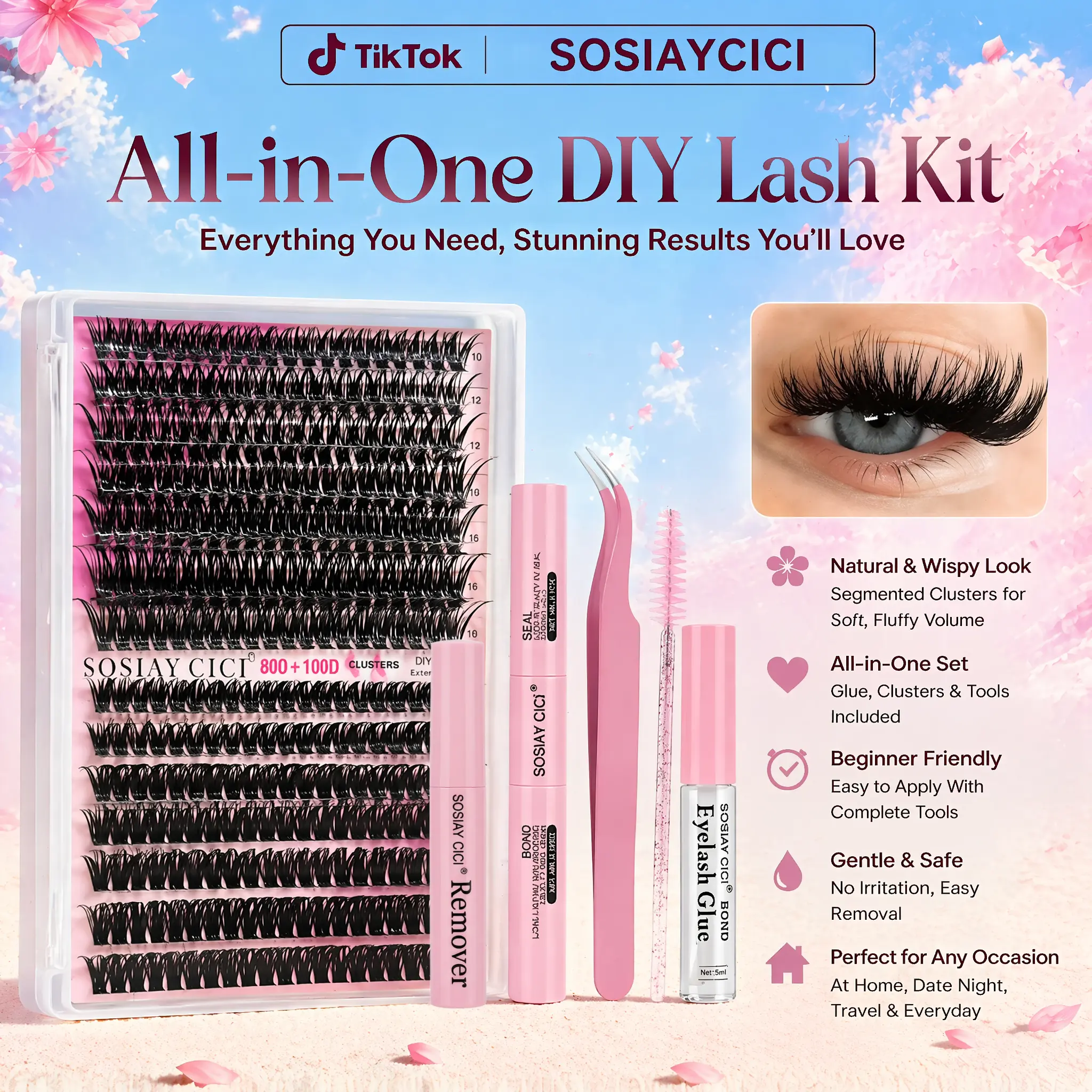SOSIAYCICI Night Lash Cluster Kit - Dense Drama Look Eyelash Extension Kit with Long-Lasting Bond & Seal, Tweezers, Remover for DIY Home Use, Ideal Gift for Dramatic Makeup Enthusiasts, Eyelash Clusters