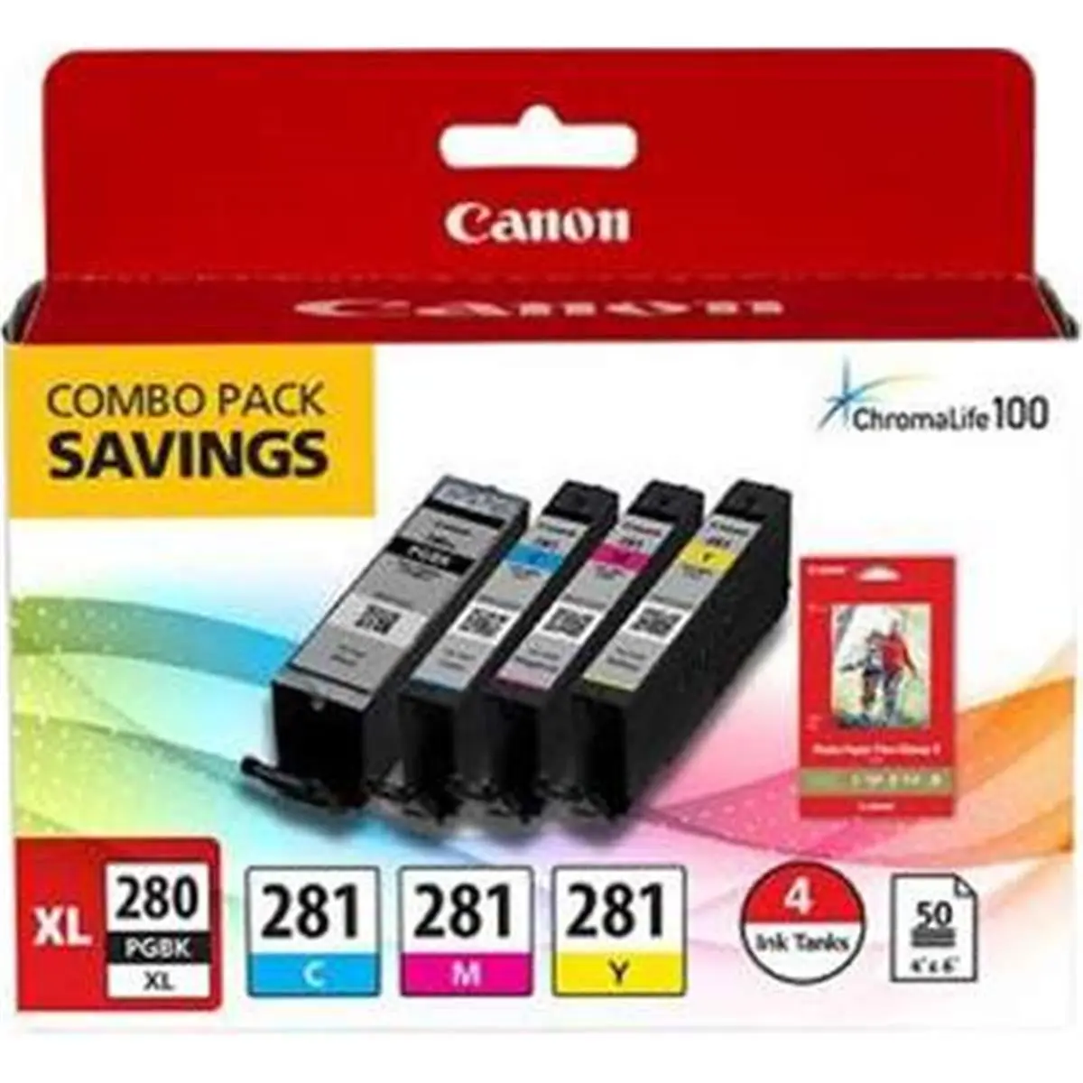 Canon PGI-280 Extra Large & CLI-281 Combo Printer Ink Refill Pack - CMYK Pigment Inks, 50 Sheets of 4x6 in. Glossy Photo Paper, Cmyk Inks