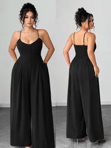 Elegant Buttoned Waist Straps Jumpsuit with Pockets, Casual Fitted Design, Plain Surface, All-Season Wear, Perfect for Spring & Summer, Chic Wide Leg, Elegance