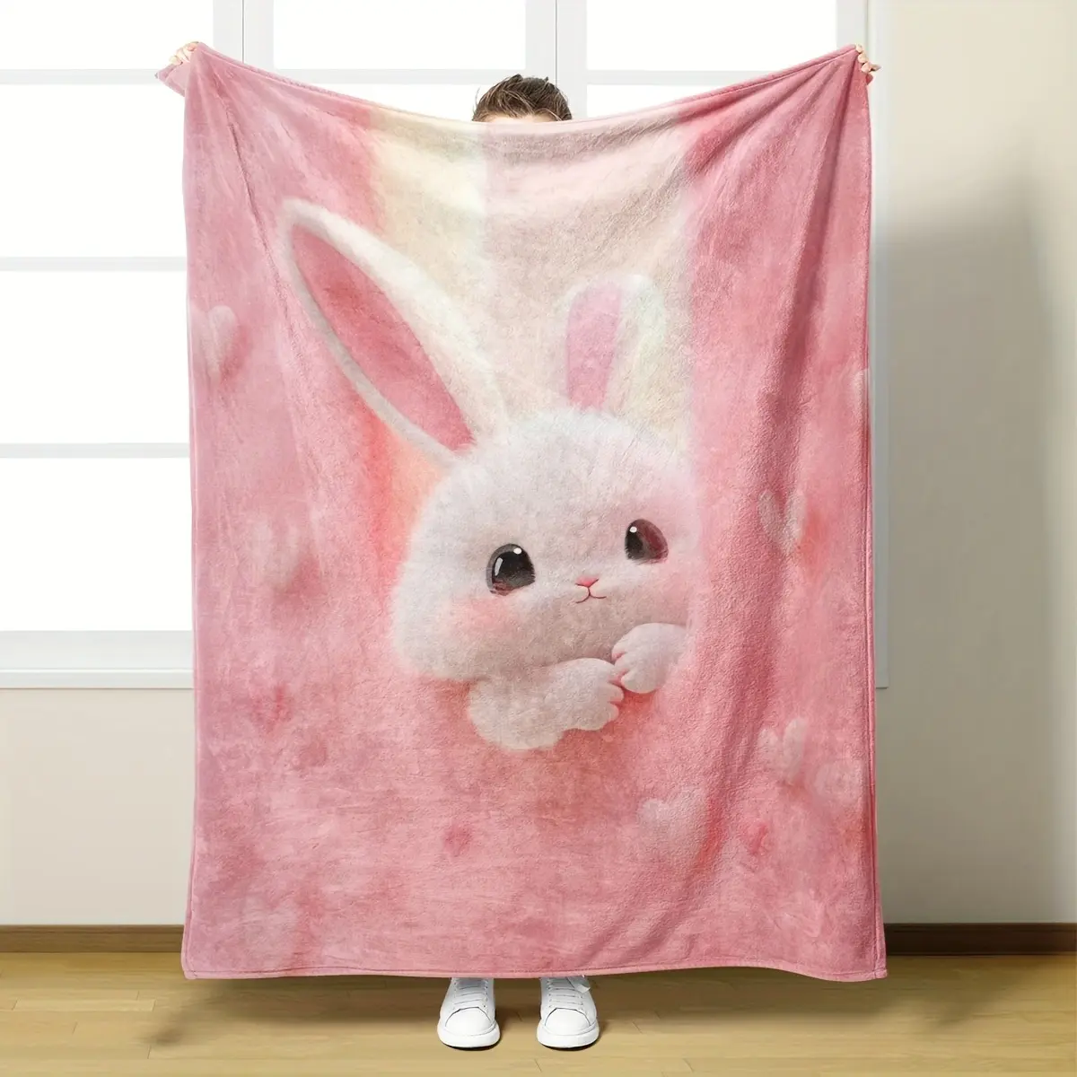 Pink Bunny Rabbit Print Flannel Blanket - Soft, Cozy, Fluffy, Adorable Style, Animal Artwork, Cartoon Bunny - Ideal Easter, Birthday, Baby Shower Gift for Toddler Girls & Rabbit Lovers - Nursery Home Decor, Fluffy Blanket, Adorable Style Blankets
