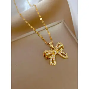 Elegant Rhinestone Bow Decor Pendant Necklace for Women for Gift, Jewelry Gifts, 2024 Trendy Stainless Steel Matching Jewelry, Luxury Shiny Dainty Accessory, Statement Necklace
