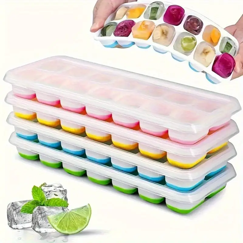 Silicone Ice Cube Tray with Lid, 4 Counts/set Stackable & Removable Ice Cube Mold, Summer Ice Cube Maker for Home Kitchen