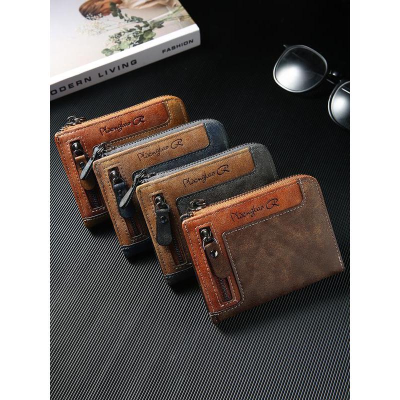 Premium Men's Short ID Card Holder Billfold Casual Leather Zipper Coin Purse Multi-Card Slot Portable Wallet