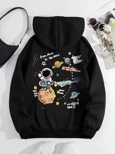 Women's Loose-Fitting Hooded Sweatshirt with Drawstring and Astronaut and Ufo Print, Casual Graphic Long Sleeve Pullover for Fall and Winter, Stylish Streetwear with Pocket
