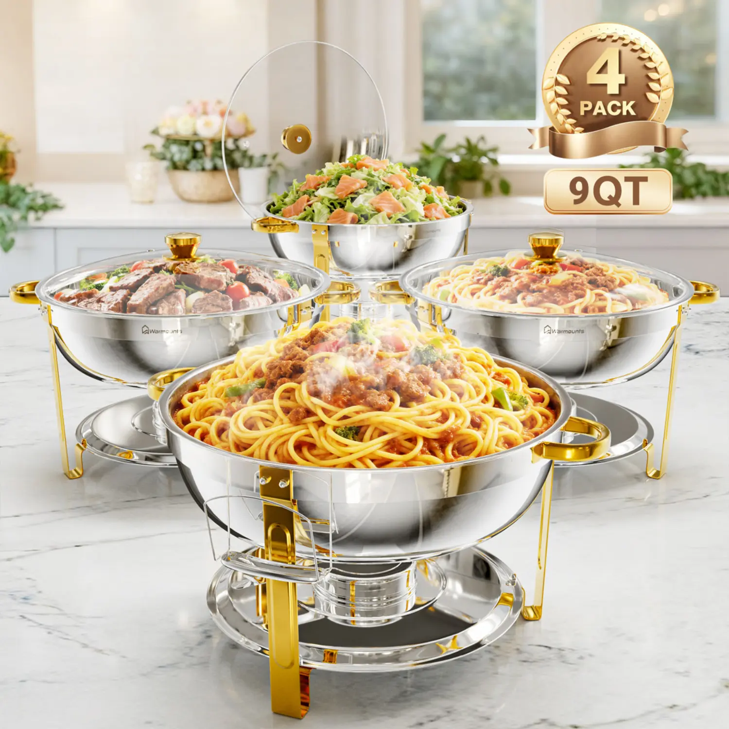 WARMOUNTS 9QT Gold Chafing Dishes for Buffet with Glass Lid/Stainless Steel Lid , Round Chafers and Buffet Warmers Set with Mirror-Polished Stainless Steel, Rolled Rim, Stackable, Lid Holder for Parties, Weddings, Easter, Gatherings (2/4 Pack）