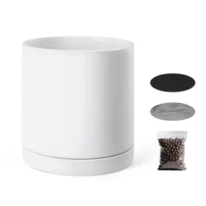 VEVOR Plant Pot, 12-Inch Large Cylinder Planter with Drainage Holes, Non-Slip Pads Detachable Saucer, Modern Ceramic Flower Pots, Indoor and Outdoor Tree Planter Pot, Home Office Decorations