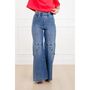 Plus/Reg Saige High Rise Medium Wash Pull On Star Wide Leg Knit Jeans