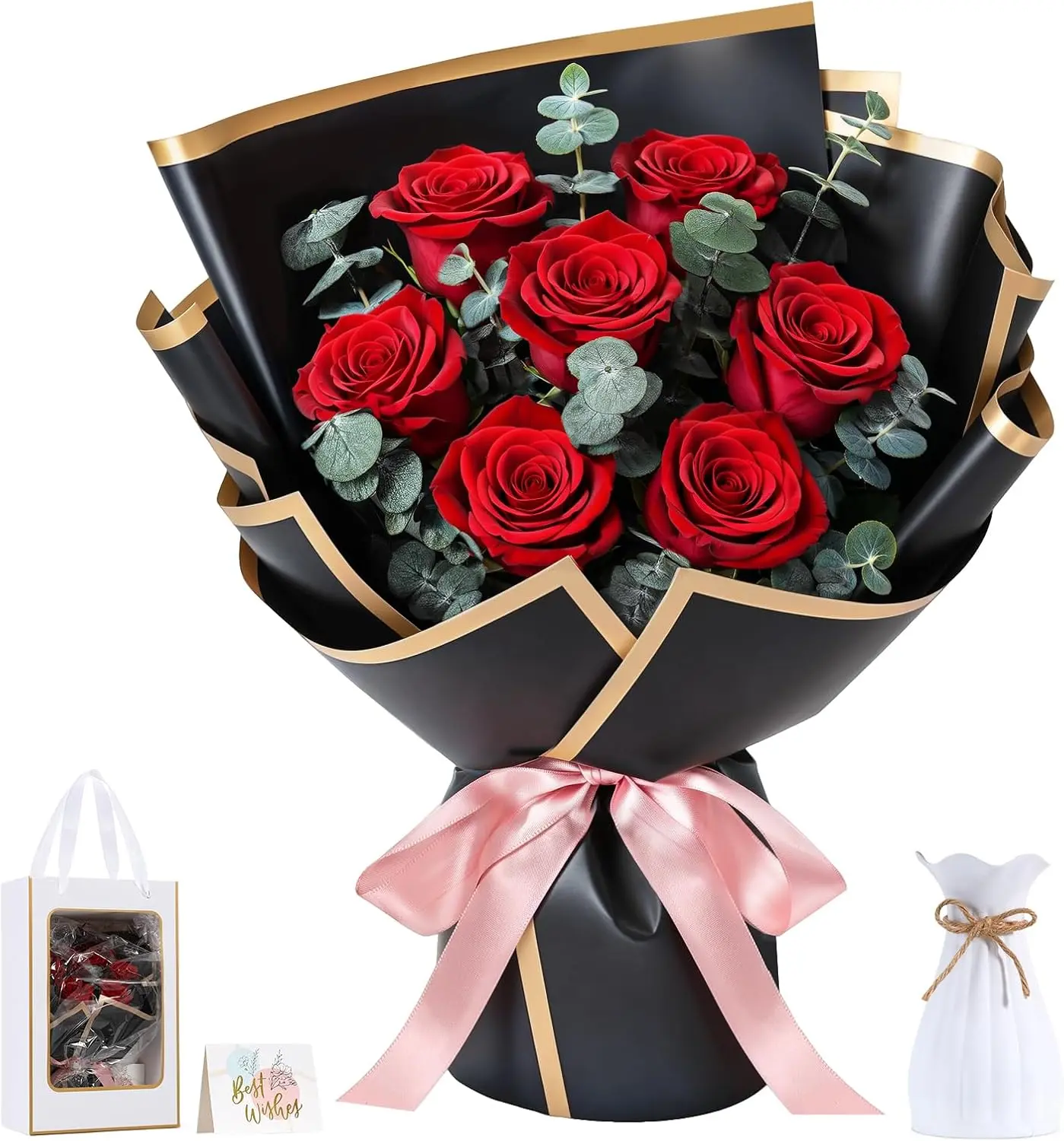 Moko Preserved Flowers Bouquet, Red Roses Forever Flowers for Delivery | Long-Lasting Real Rose, Eucalyptus Stems, Vase, Greeting Card, Gift Bag, Valentines Day Flowers Gifts for Women Wife Her