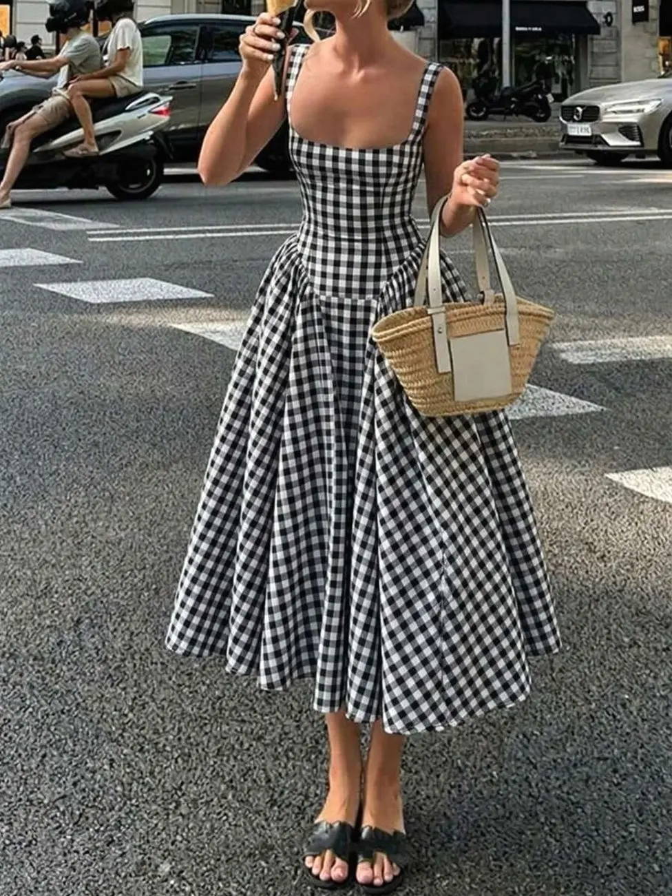 👗 Women's Elegant Yellow Plaid Midi Dress, Square Neck Sundress For Tea Parties, Vacations And Everyday Style.