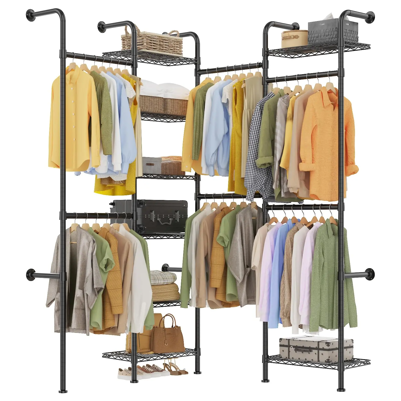 Garvee Upgraded-Heavy Duty Wall Mounted Closet Rack Commercial Food Service Shelving System Expandable Carbon Steel Rods (23.62-35.43 in), 8-Tier Matte Black Wire Shelves Modular Storage Organizer