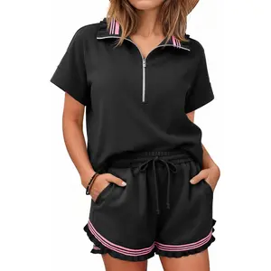 Imily Bela Essentials 2 Piece Outfits Short Sets for Women Sweatsuit Casual Tracksuits Summer Half Zip Ruffle Tops Matching Sets