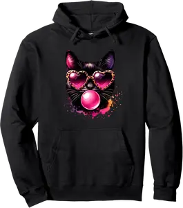 Black Cat Blowing Bubblegum, Pink Bubble Gum, Cat Mama Pullover Hoodie - Karenlyn Shop 77B0DSSVCP7T