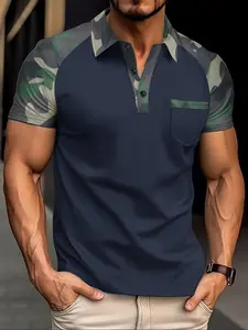 Men's Camo Print Colorblock Sports Polo Shirt, Regular Fit Casual Sports Style Short Sleeve Collared Top for Outdoor Daily Wear, Fashion Men's Clothes for All Seasons, Casual Sports Tops