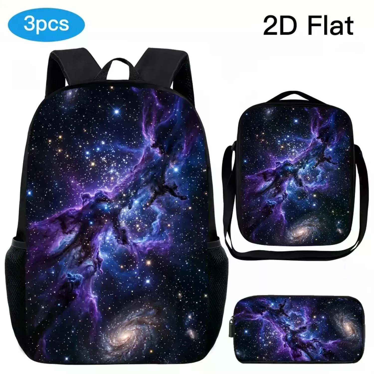 Unisex 3-Piece Large-Capacity Bag Set, Dreamy Starry Sky Nebula Print 2D Design, Daily Use, Adjustable Straps, Zipper Lock, Includes Backpack, Crossbody Bag, Pencil Case