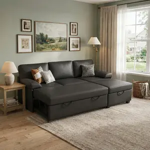 COPIAE 80” L-Shaped Convertible Sofa Bed with Storage, Reversible Chaise, Waterproof Faux Leather Sleeper Sectional for Living Room