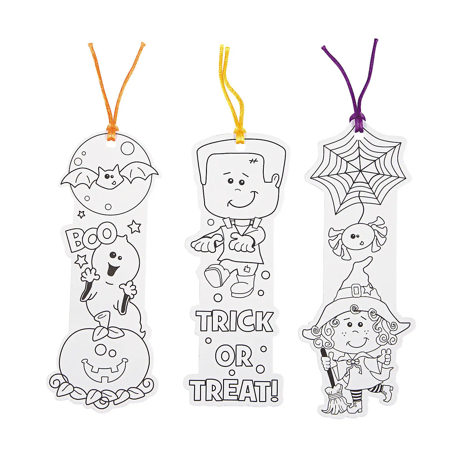 Bulk Pack DIY Coloring Paper Bookmarks (50-Pc Halloween Friends Set) - 8 1/2"x2 3/4"-3" Size, Witch & Ghost Designs, Satin Cording, Ideal for Classroom Users, Develop Fine Motor Skills, Enhance Hand & Eye Coordination, Toys & Hobbies DIY Supplies