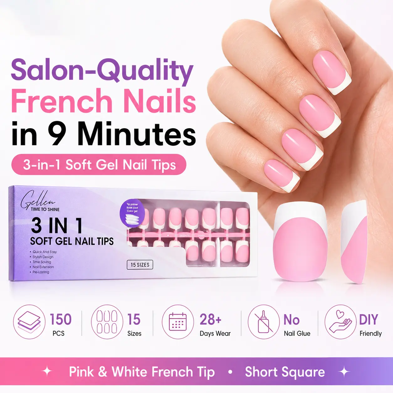Gellen 150PCS French Tip Press On Nails, 3-in-1 Soft Gel Nail Tips, Short Square Pink White Fake Nails, Glue Needed, DIY Salon Nails for Women