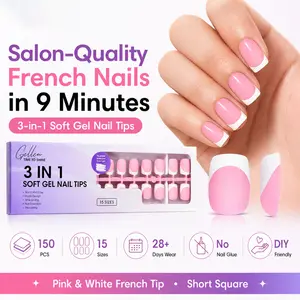 Gellen 150PCS French Tip Press On Nails, 3-in-1 Soft Gel Nail Tips, Short Square Pink White Fake Nails, Glue Needed, DIY Salon Nails for Women