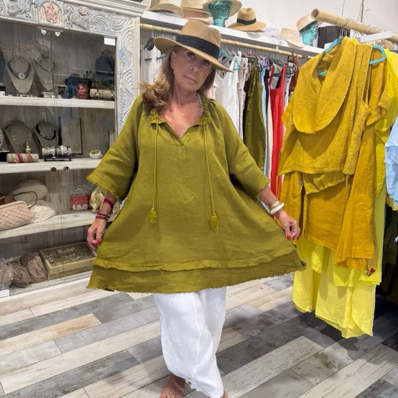 Gitana Linen Tunic One Size Fits Small to 2XL Ibiza Style 100 Percent Linen Boho Chic Top