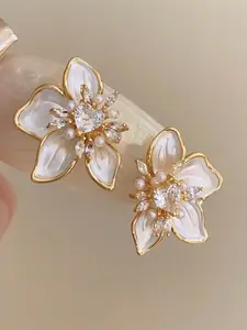 Elegant Artificial Crystal Flower Stud Earrings, Stud Earring Jewelry, Faux Pearl Design, Casual Style, Perfect for Daily Wear, Holiday Gifts for Women