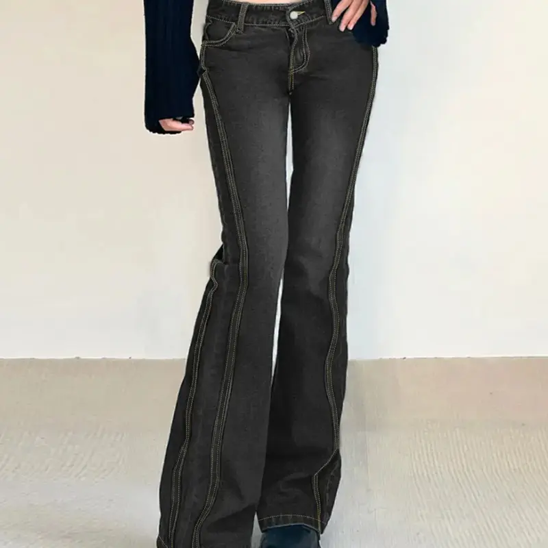 Women's Edgy Charcoal Mid-Rise Bell Bottom Flare Fit Kick Flare Denim Jeans, Womenswear Stretchy Denim Jeans with Button and Contrast Stitching, Retro & Trendy Bottoms for Y2K Party Pants, Trouser