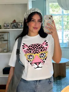 Pink Leopard Print Yellow Frame Glasses With Cheetah Head Print, Regular T-Shirt