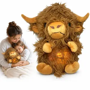 Light Up Breathing Plush Cow, Soft Highland Cow Stuffed Animal with Realistic Belly Breathing Motion, Calming Sensory Toy for Stress Relief, Bedtime Sleep Aid, Cozy Cuddle Companion for Kids Teens Women, Baby Nursery Bedroom Decor and Holiday Gift