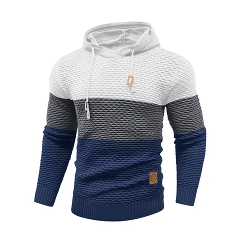 Men's Color-Block Waffle Knit Pullover Hoodie - Men's Clothing, Polyester Pullover Sweater, Long Sleeve Casual Wear with Drawstring, Ribbed Hem, Textured Gradient Stripes, Leather Patch - Warm Autumn Winter Streetwear Top