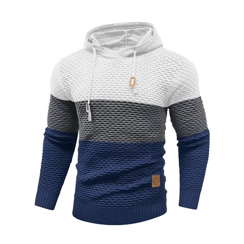 Men's Color-Block Waffle Knit Pullover Hoodie - Men's Clothing, Polyester Pullover Sweater, Long Sleeve Casual Wear with Drawstring, Ribbed Hem, Textured Gradient Stripes, Leather Patch - Warm Autumn Winter Streetwear Top