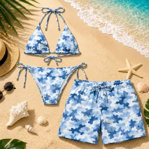 Blue Camo Matching Couple Swimwear Set 2026, Bikini & Men’s Shorts, Trendy Beach Vacation Outfits Gift for Couples