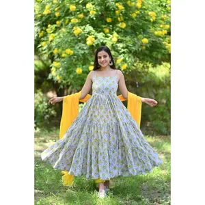 White Handblock Anarkali