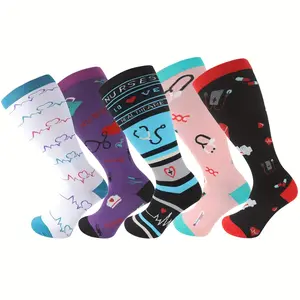 5 Pairs Plus Size Medical Equipment Printed Men and Women Compression Socks Extra Wide Calf Knee High Support Socks High Elastic Long Socks 2XL-4XL