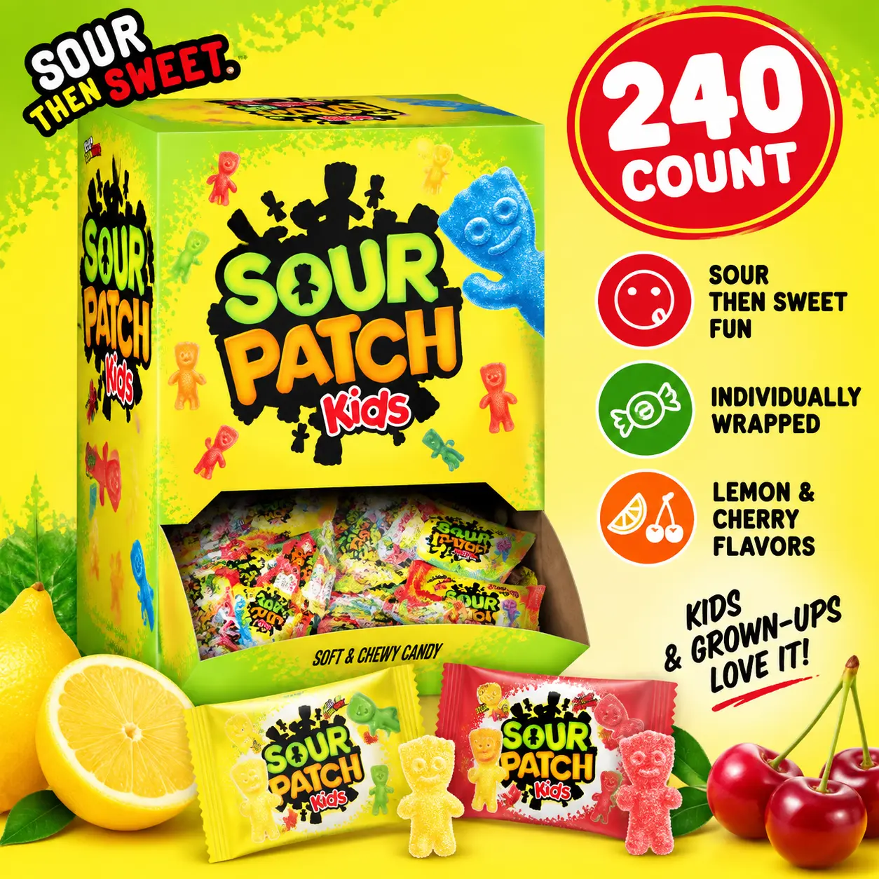 Sour Patch Kids Lemon and Cherry Candy 240 Count Bulk Display Box Individually Wrapped Sour Gummies